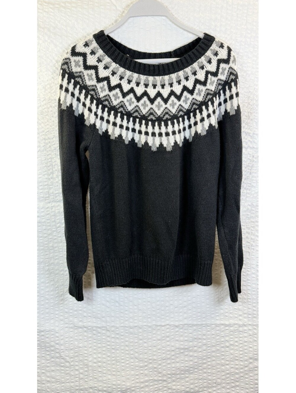 Old Navy Women’s Black Cream Fair Isle Crew Neck Sweater Holiday Winter Large